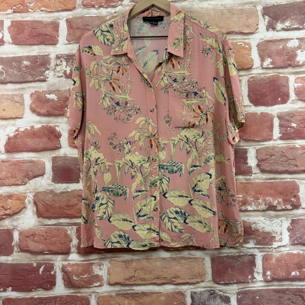 Anthropologie Sanctuary Top Women's Medium Pink Multicolor Tropical Floral Shirt
